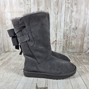 UGG Bailey Bow Tall II Grey Suede Sheepskin Boots 1102931 Womens 8